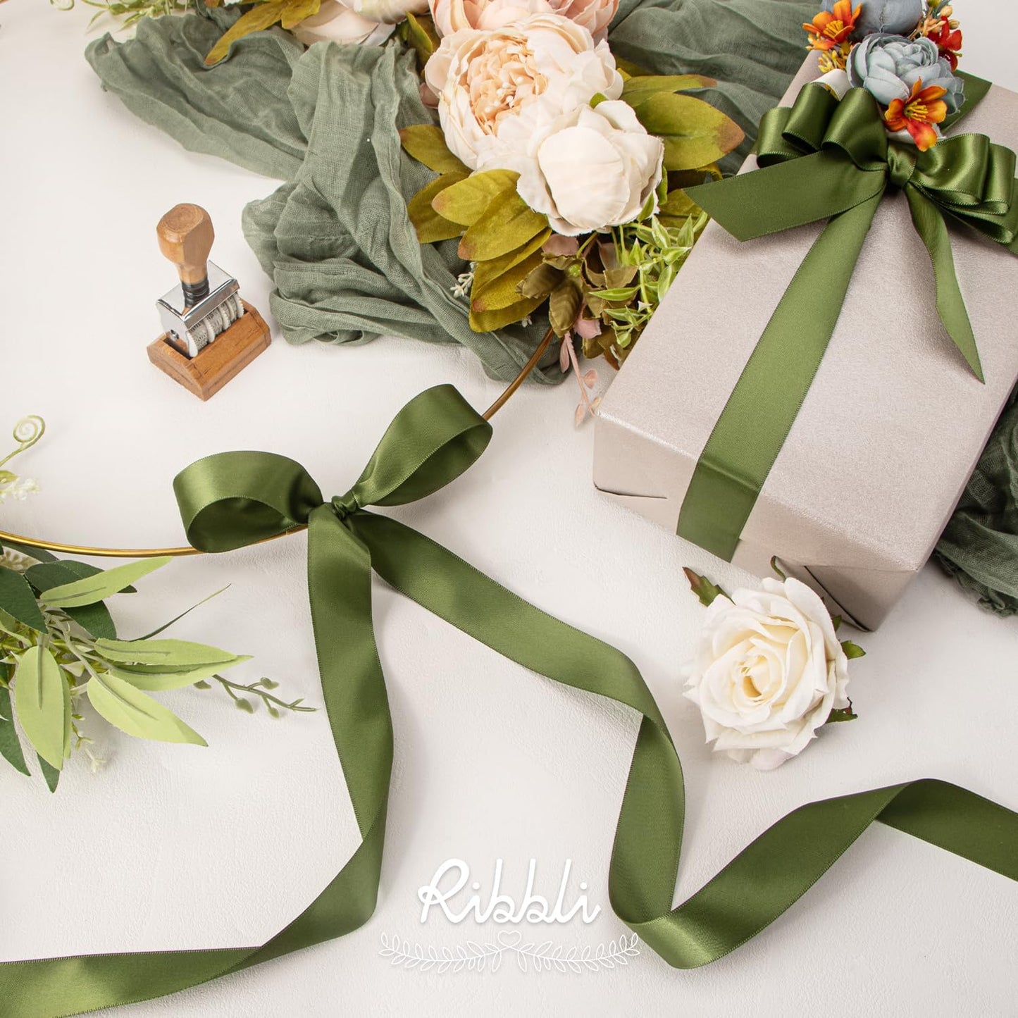 Ribbli Moss Green Satin Ribbon,Double Faced Satin 1 inch x Continuous 25 Yards,Use for Bows Bouquet,Gift Wrapping,Wedding Decoration,Floral Arrangement
