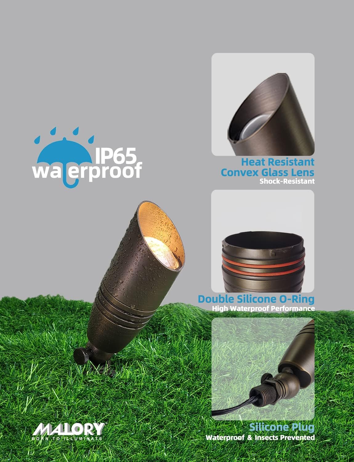 MALORY Brass Landscape Spotlights 6-Pack with Bulb Kit(S02), Low Voltage 12V AC/DC LED Outdoor Spot Uplights for House and Tree,PVC Ground Stake and Wire Connector Included, 5W 2700K Warm White