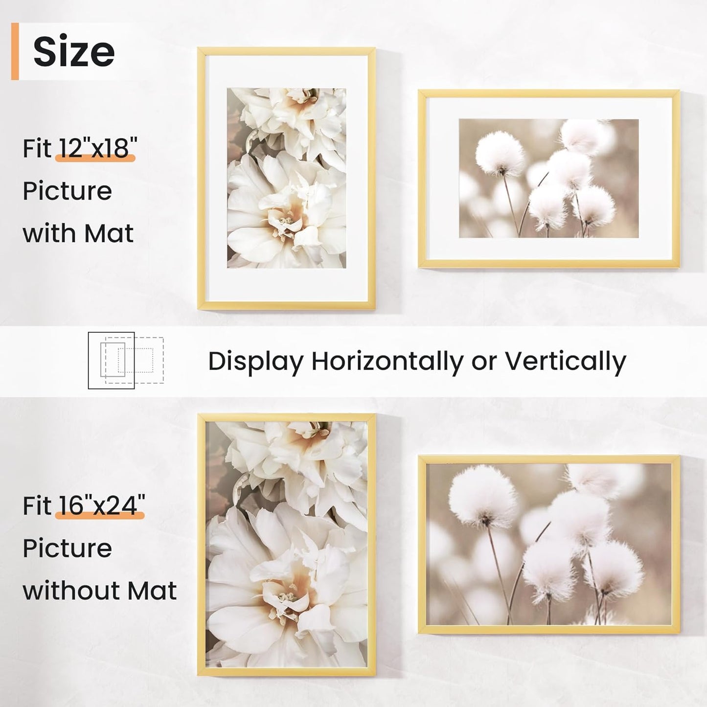 16x24 inch Picture Frame, 16x24 Photo Frames with 12x18 Removable Mat - High Definition Plexiglass - Vertical and Horizontal Display - Wall Hanging Poster Frame - Gold, 5 Pack