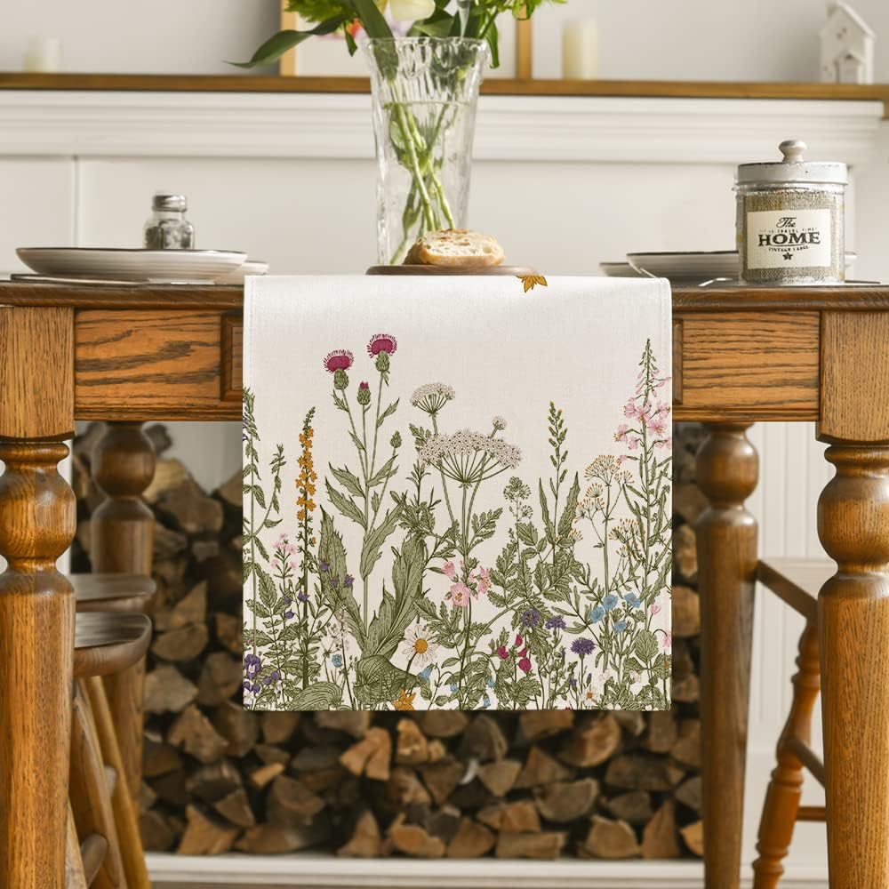 Artoid Mode Antique Herbs and Wild Flowers Summer Table Runner, Spring Fall Kitchen Dining Table Decoration for Home Party 13x108 Inch