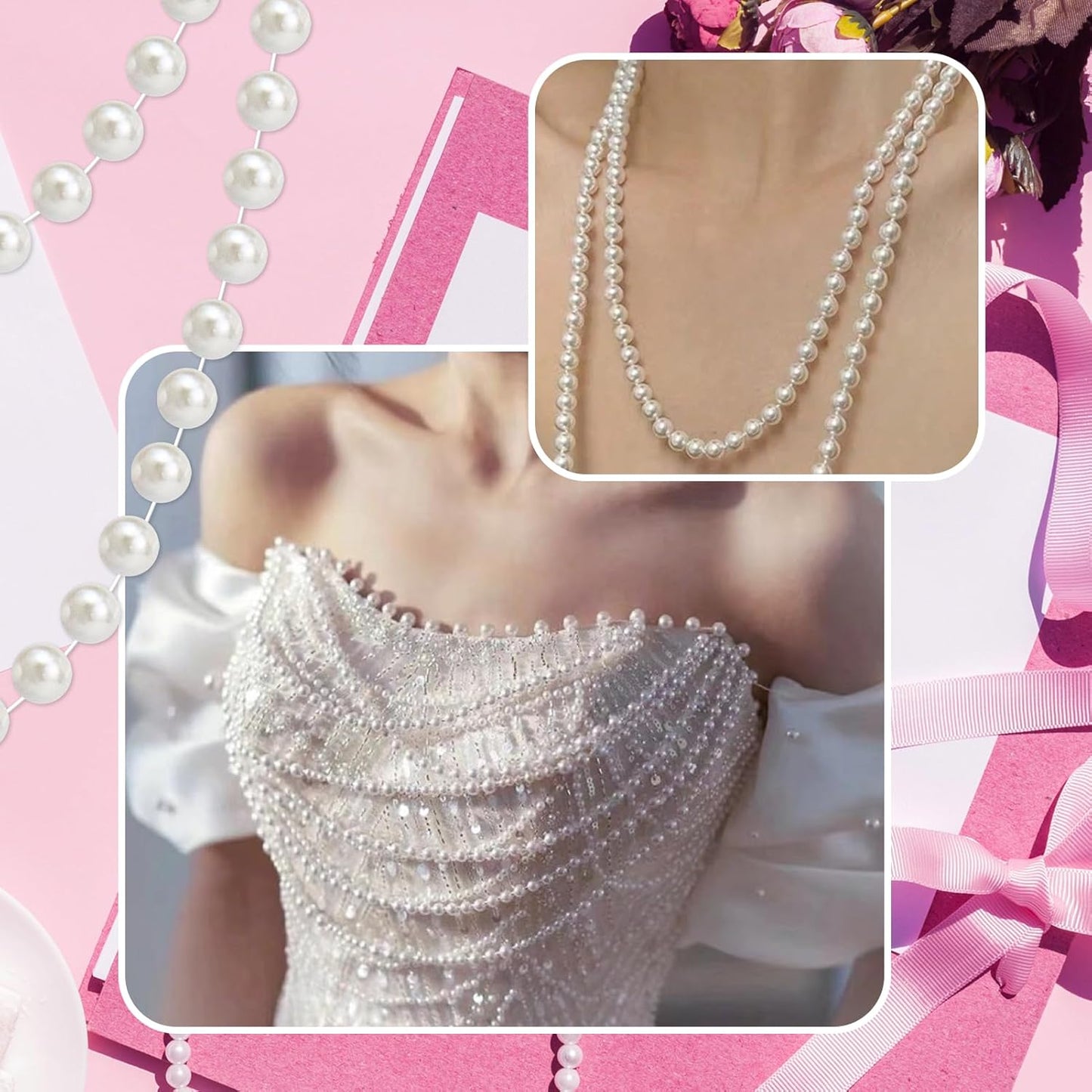 99 Feet 4mm Faux Pearl Strings Garland for Crafts, Artificial Pearl Beaded Trim Chain Strands for Wedding Centerpieces Bouquet Party Christmas Tree Decoration, White