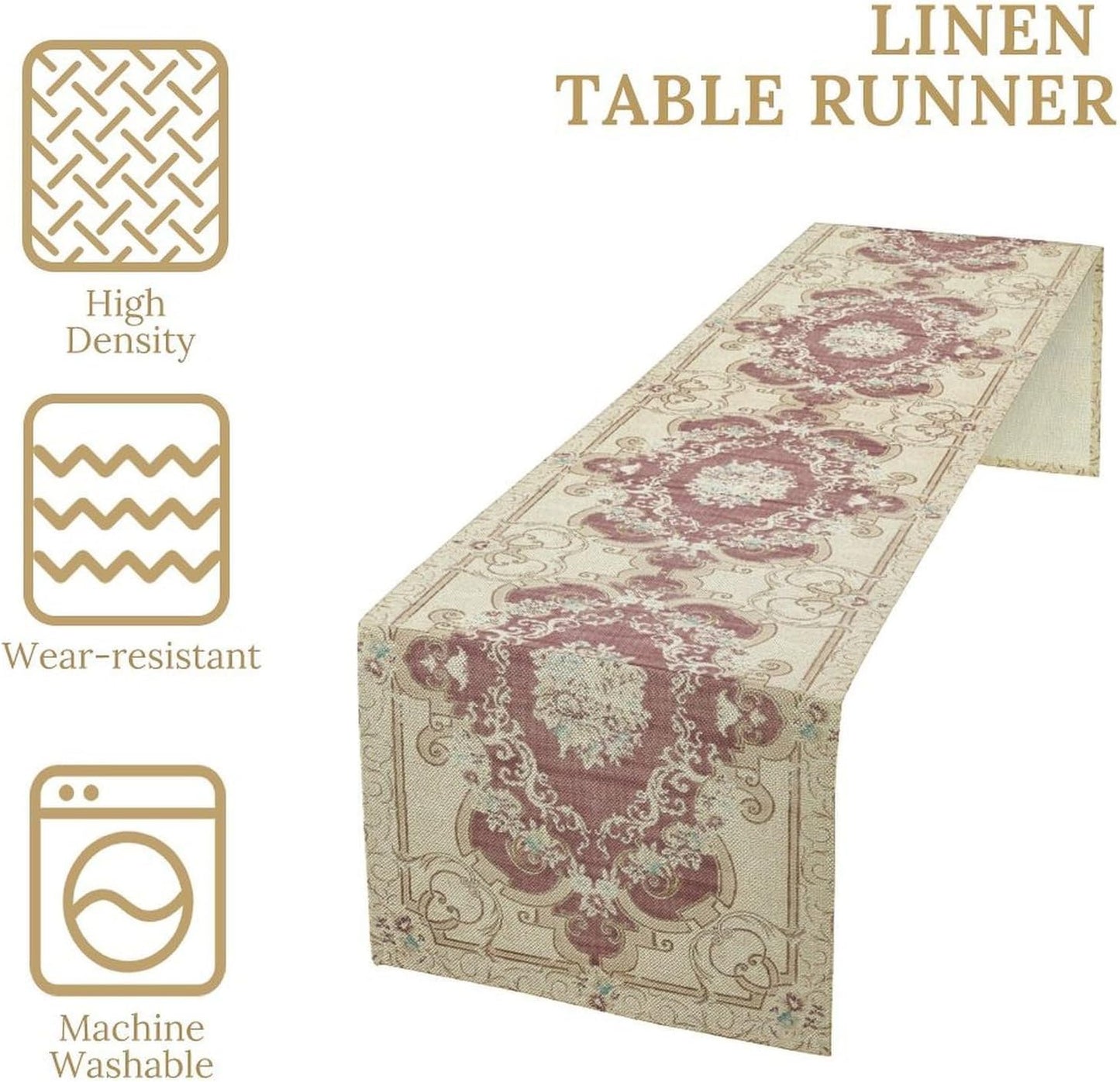 Boho Bohemia Table Runner, Vintage Blue Gold Retro Flower Rustic Country Floral Printed Pattern for Home Kitchen Table Decor Dining Coffee Room Garden Party Wedding Decor 13x120in