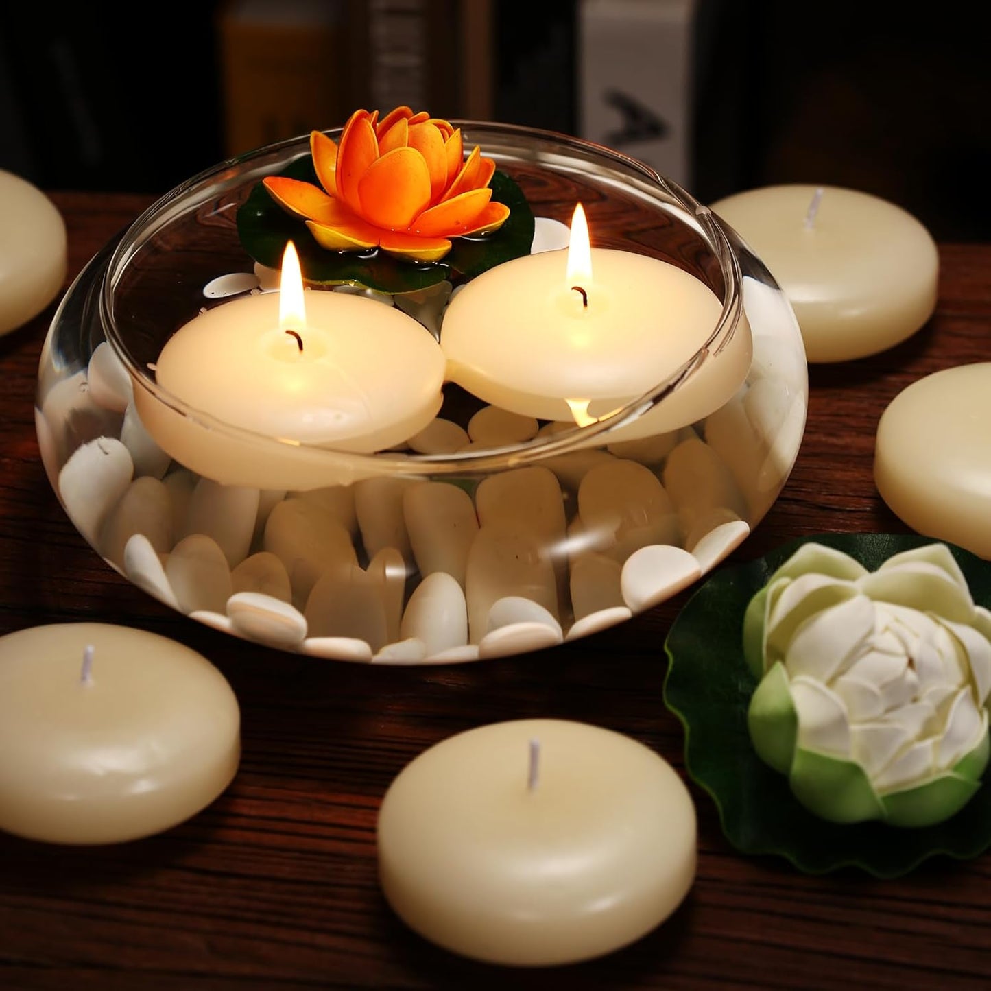 24 Pack Floating Candles, 3” Ivory Unscented Dripless Wax Burning Candles, for Weddings, Party, Cylinder Vases, and Home Decorations