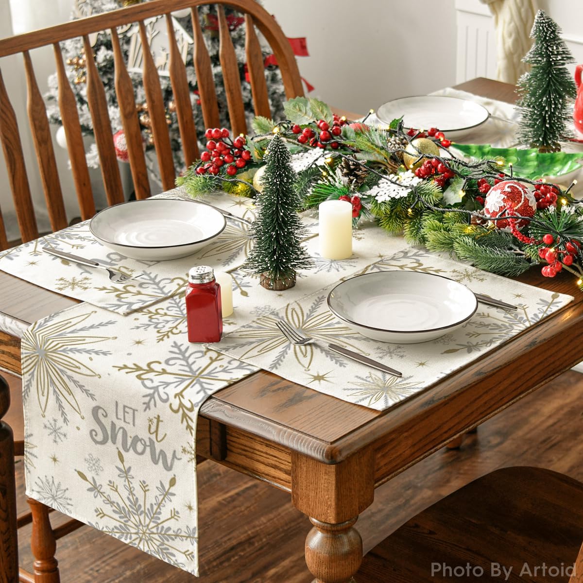 Artoid Mode Beige Snowflake Let It Snow Winter Placemats Set of 2, 12x18 Inch Seasonal Christmas Table Mats for Party Kitchen Dining Decoration