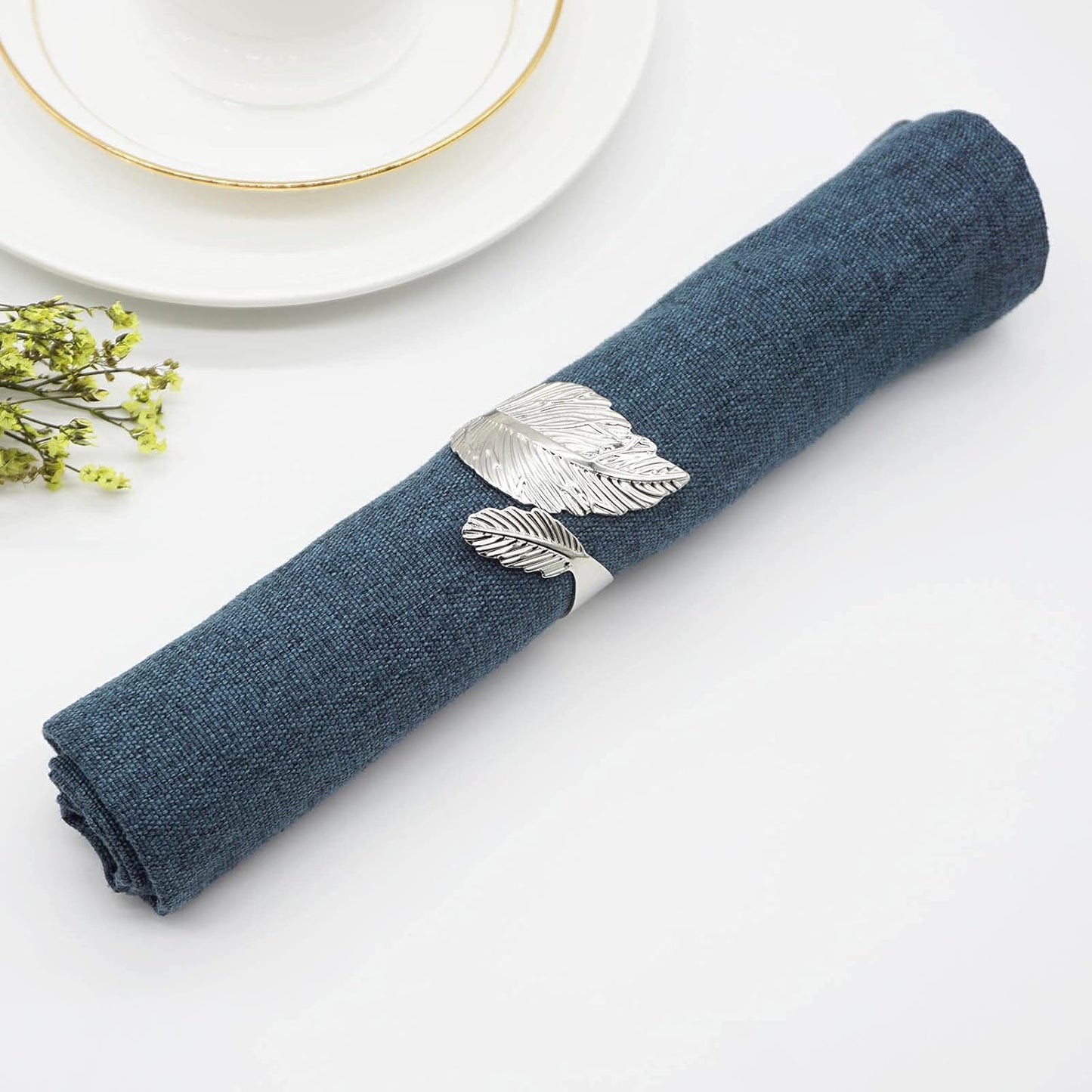 Silver Leaf Napkin Rings Set of 12, Leaves Napkin Rings for Table Setting, Metal Leaf Napkin Holder Rings for Holiday Party, Wedding, Banquet, Formal or Casual Dinning Table Decor (Silver)