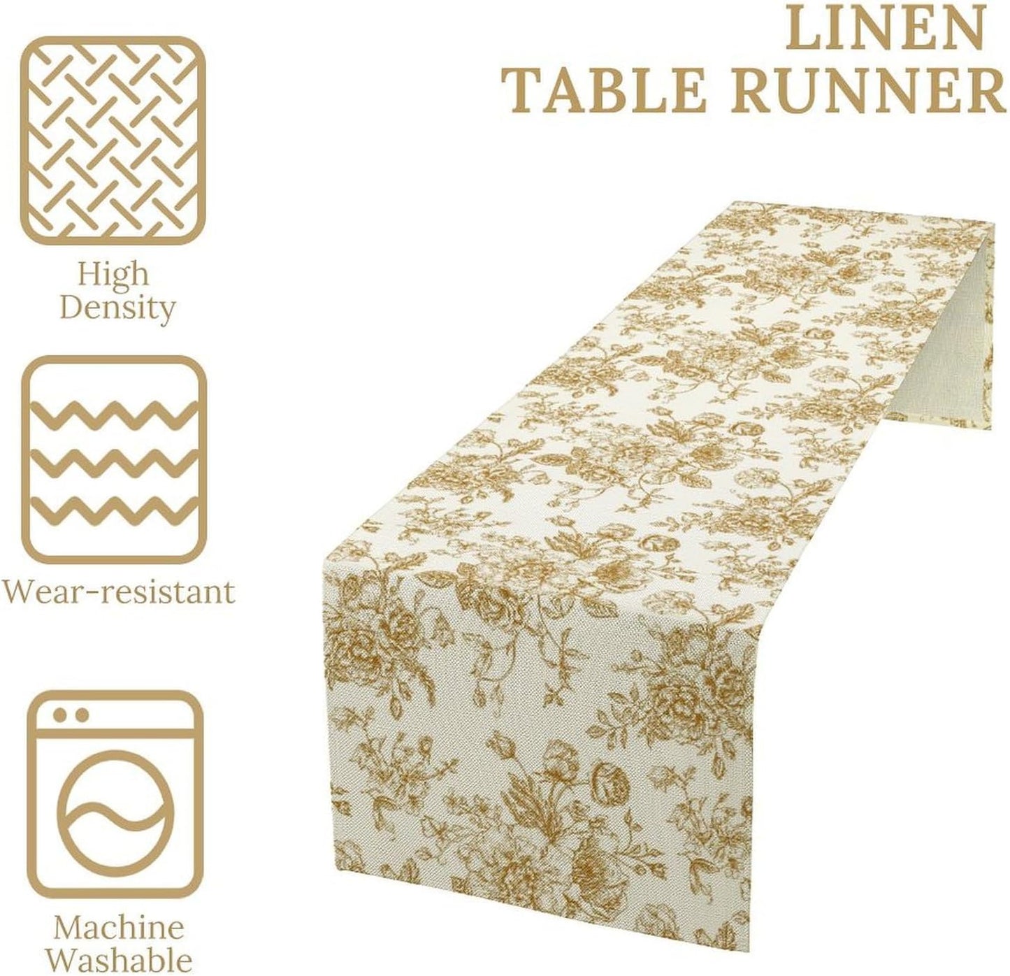 Retro Floral Table Runner, Golden White Wildfloral Sketch Print Kitchen Dinning Table Runner for Indoor Outdoor Home Wedding Party Holiday, 13x60 Inch