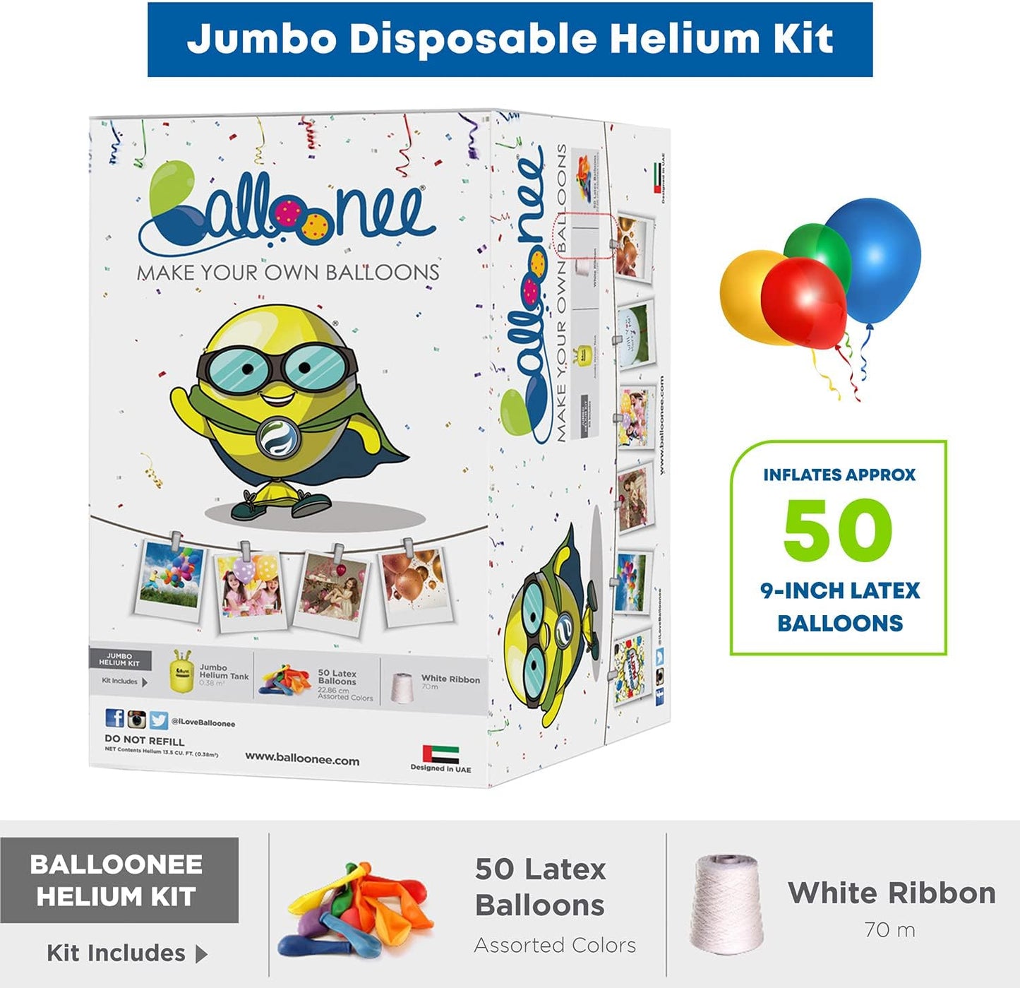 Jumbo Disposable Helium Party Kit - Pack of 3, Helium Tank for Balloons At Home, 13.5 Cu Ft Helium Balloon Pump Kit with 150 Assorted Latex Balloons, Portable for Celebrations