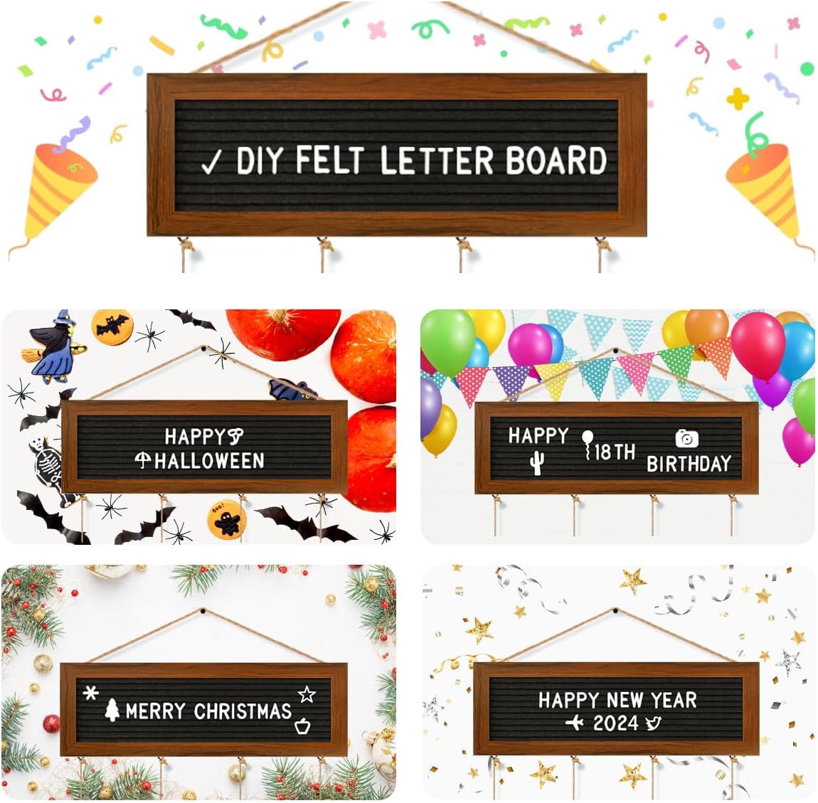 Hanging Photo Display Wall Decor, Picture Frames Collage Felt Letter Board with 270 Letters and 30 Clips, DIY Boho Dorm Room Decor for Wall, Mothers Day Party Birthday Gifts
