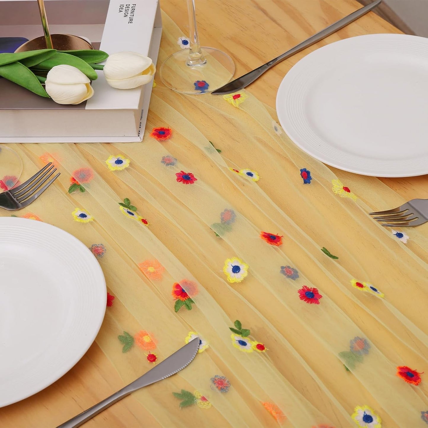 BINBE 1pcs Daisy Fall Table Runner Embroidery Gauze 10FT Florals Seasonal Tulle Holiday Birthday Kitchen Dining Table Decor for Home Party Yellow