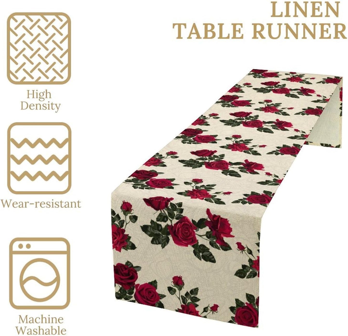 Vintage Rose Table Runner, Red Flowers Green Leaves Valentine's Day Table Runner for Kitchen Dinning Table Runner Decor Home Wedding Party Holiday, 13x120 Inch
