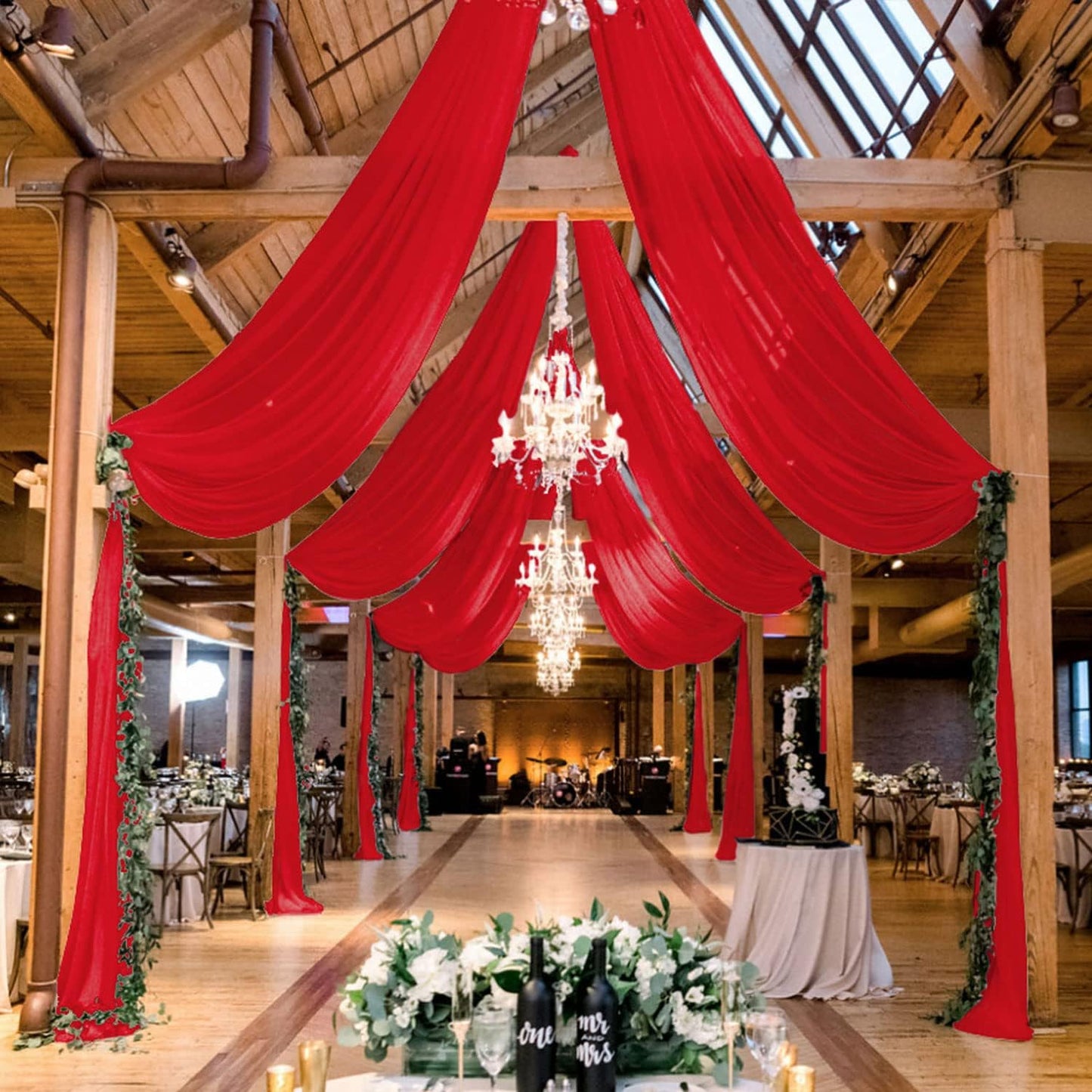 MODFUNS Red Ceiling Drapes for Parties Wedding Ceiling Drapery 2 Panels 5x20FT Chiffon Curtain for Backdrop Wedding Arch Draping Fabric for Ceremony Arbor Ceiling Curtains for Hall Stage Decorations
