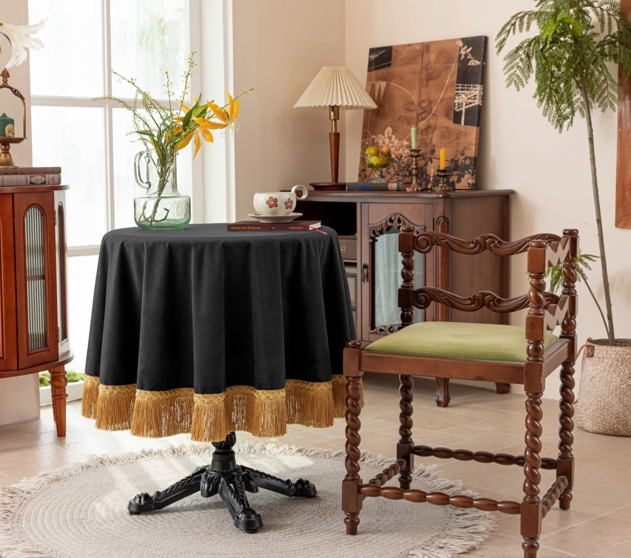F-CHU Luxury Black Tablecloth Thickset Velvet Tablecloth with Beautiful Gold Tassels Vintage Table Cloth for Home Decor Wedding, Party, Banquet and Events 60" Round