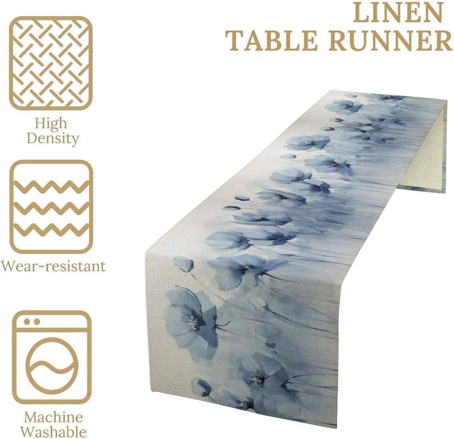 Abstract Floral Table Runner, Blue Poppy Flower Modern Art Print Kitchen Dinning Table Runner for Indoor Outdoor Home Wedding Party Holiday, 13x60 Inch