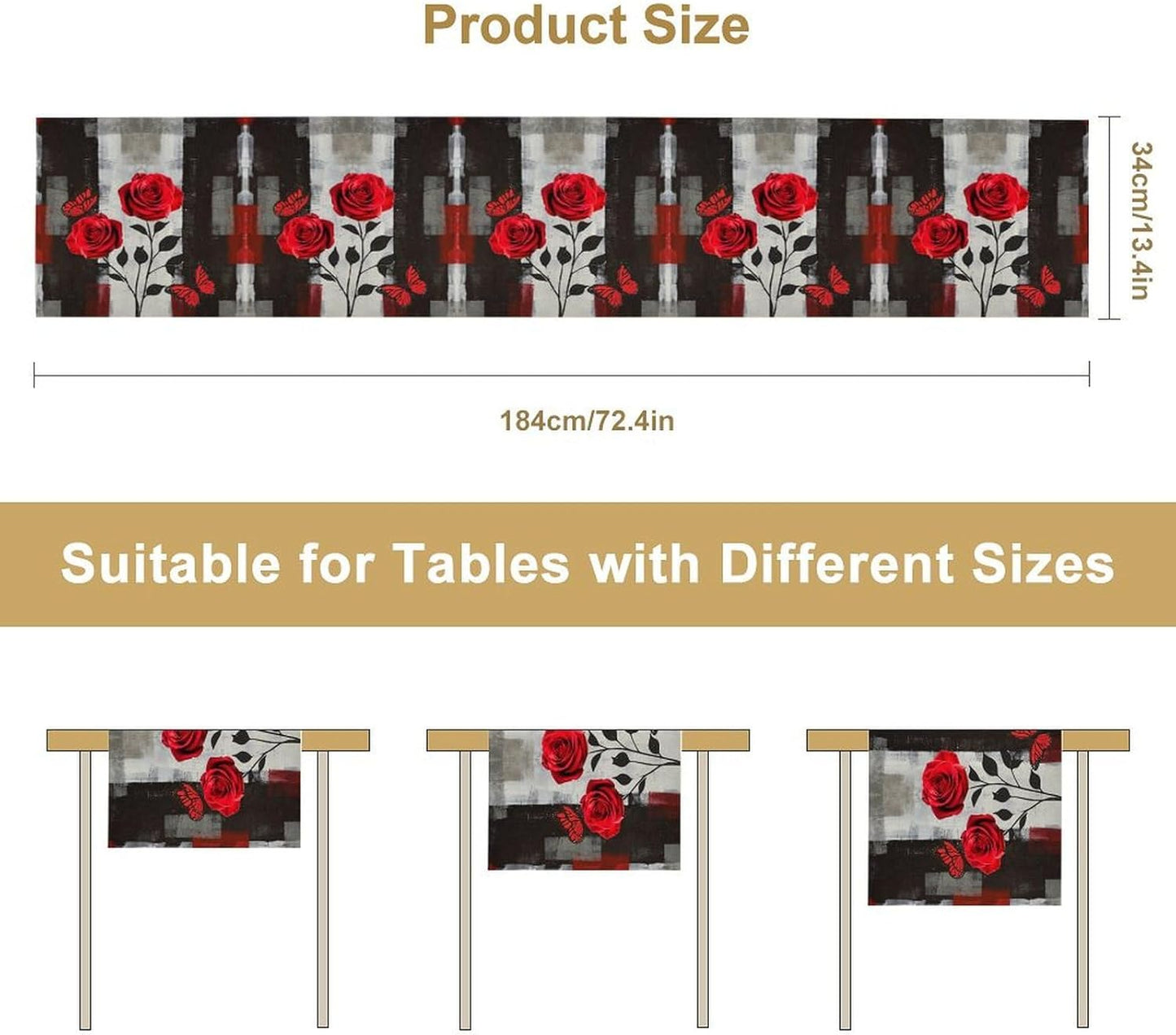 Abstract Art Rose Table Runner, Red Roses Floral Butterfly Black Red Grey Ink Background Pattern Kitchen Dinning Table Runner for Indoor Outdoor Home Wedding Party Holiday, 13x90 Inch