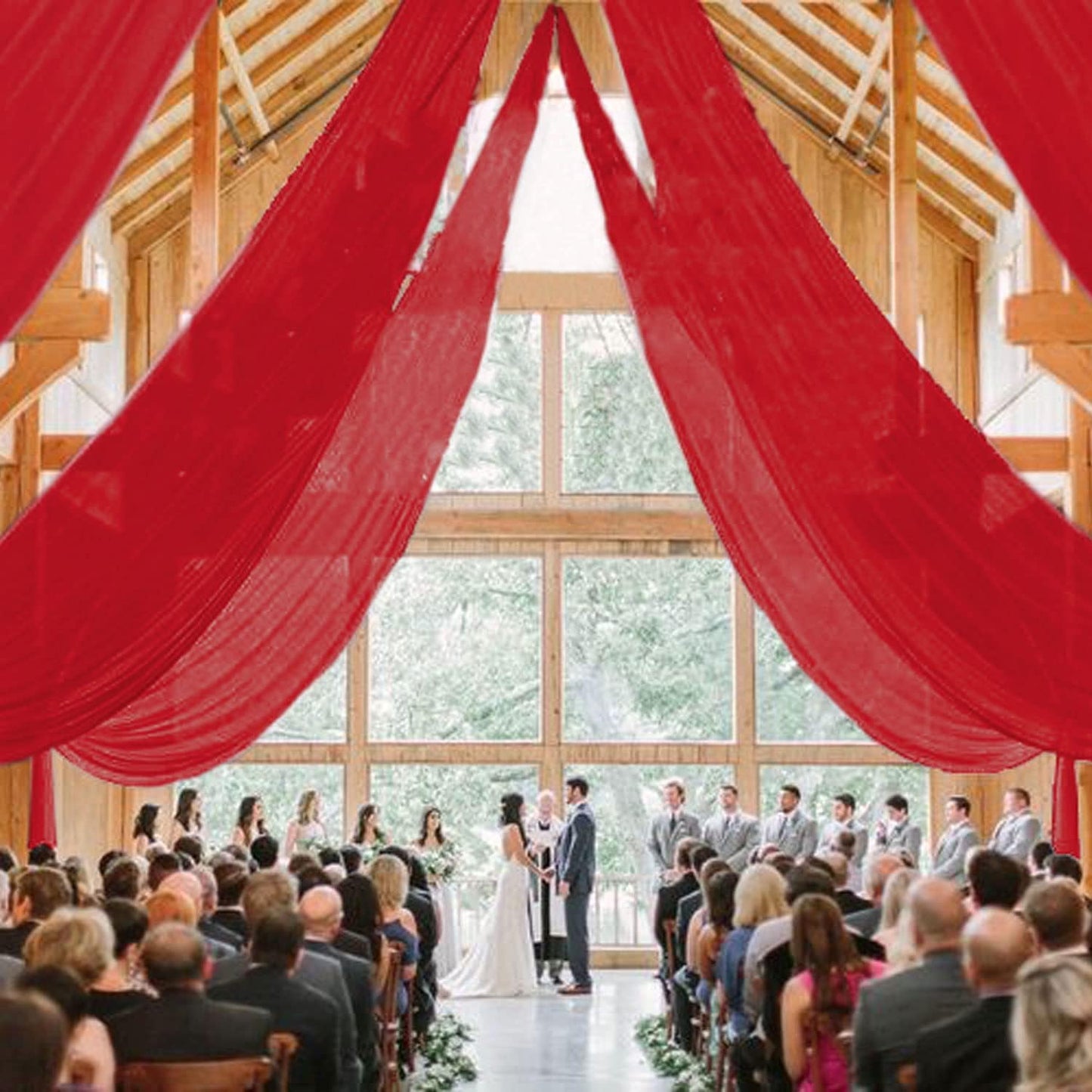 MODFUNS Ceiling Draping Red Ceiling Drapes for Parties 5x30FT 2 Panels Chiffon Sheer Draping Fabric for Wedding Arch Drapery Curtains Tulle Arbor Drapes for Wedding Reception Birthday Curtains