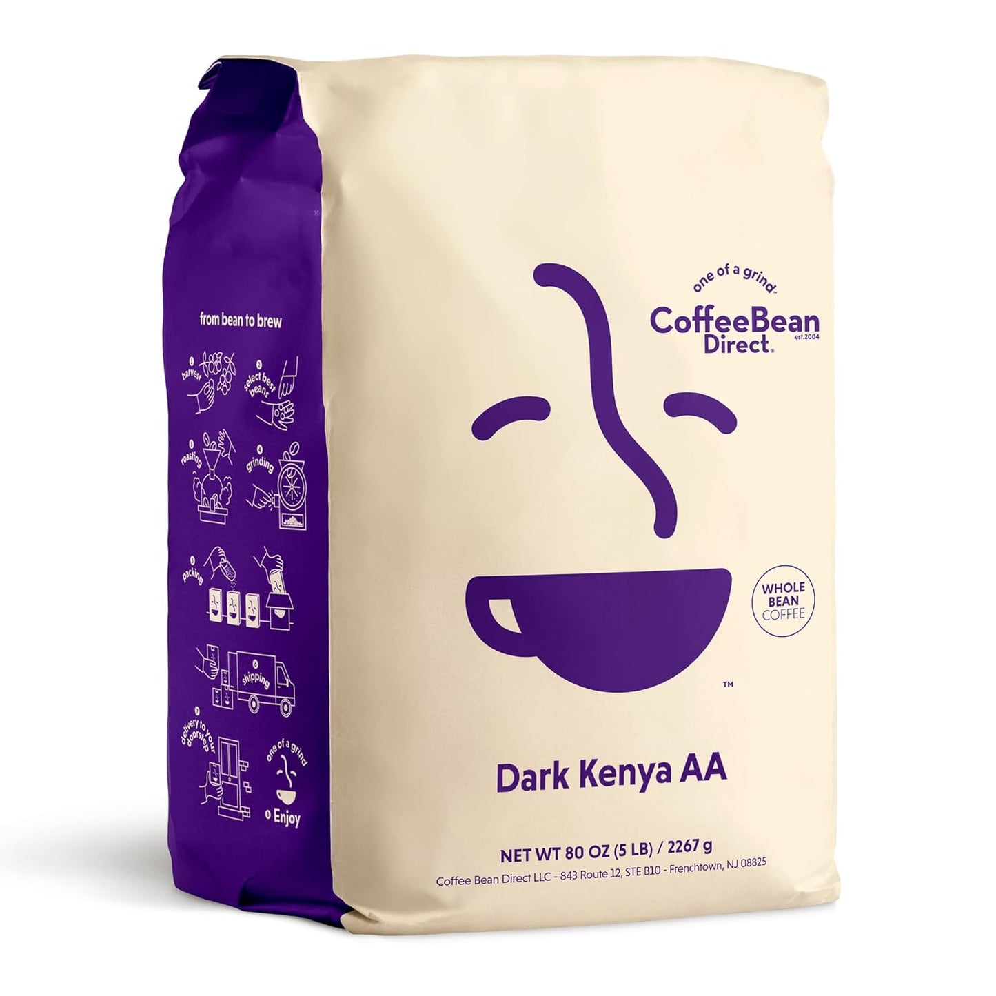 Coffee Bean Direct Dark Kenya AA, Whole Bean Coffee, Dark Roast, 5 Pound Bag (Pack of 1)