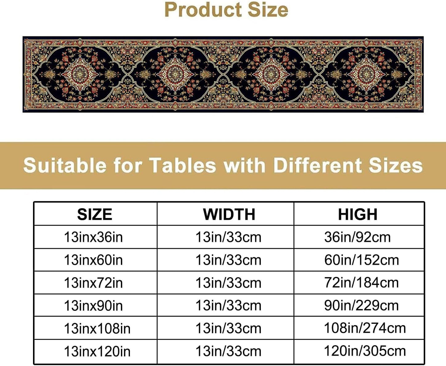 Vintage Boho Floral Table Runner, Rustic Country Farmhouse Black Bohemia Flower Pattern for Home Kitchen Table Decor Dining Cafe Room Wedding Party Decor 13x108in