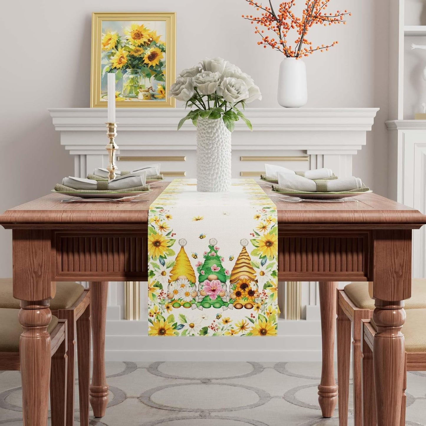 XCHI Yellow White Daisies Flowers Gnomes Spring Table Runner Burlap Table Decoration for Summer Seasonal Home Kitchen Dining Dinner Indoor Holiday Farmhouse Decor 13x108 Inch