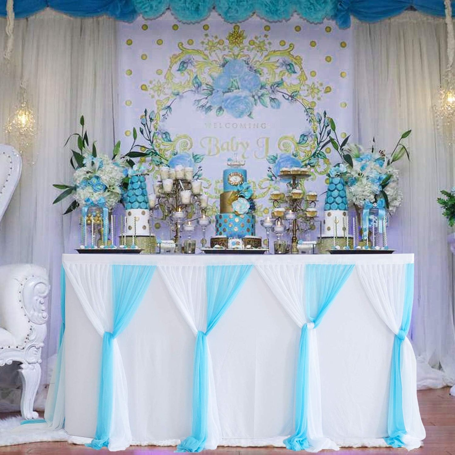 Suppromo Baby Blue Tulle Table Skirt for Rectangle Tables 9ft Tutu Tablecloth for Baby Shower Boy Birthday Party Cake Dessert Buffet Banquet Table Decorations