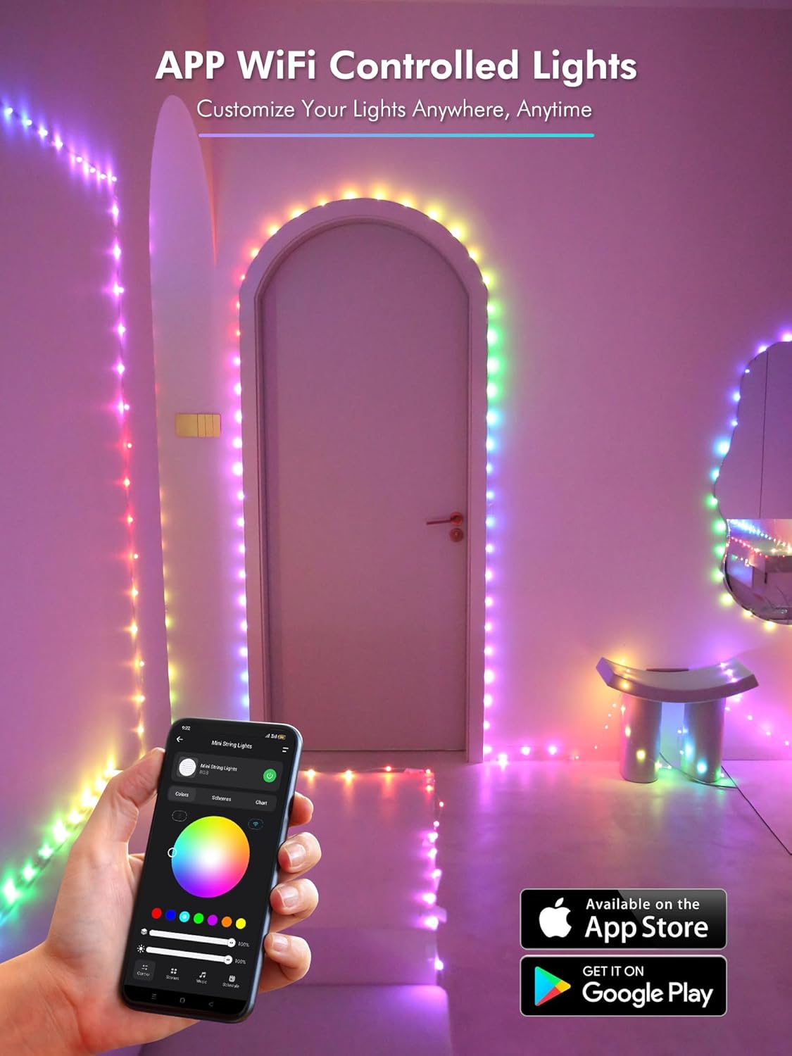 BrizLabs Smart Fairy Lights, 33ft 100 LED Color Changing Fairy Lights Work with Alexa/Google Home, WiFi Rainbow Christmas Light Dimmable RGB Twinkle Starry Light for Christmas Tree Home Party Decor