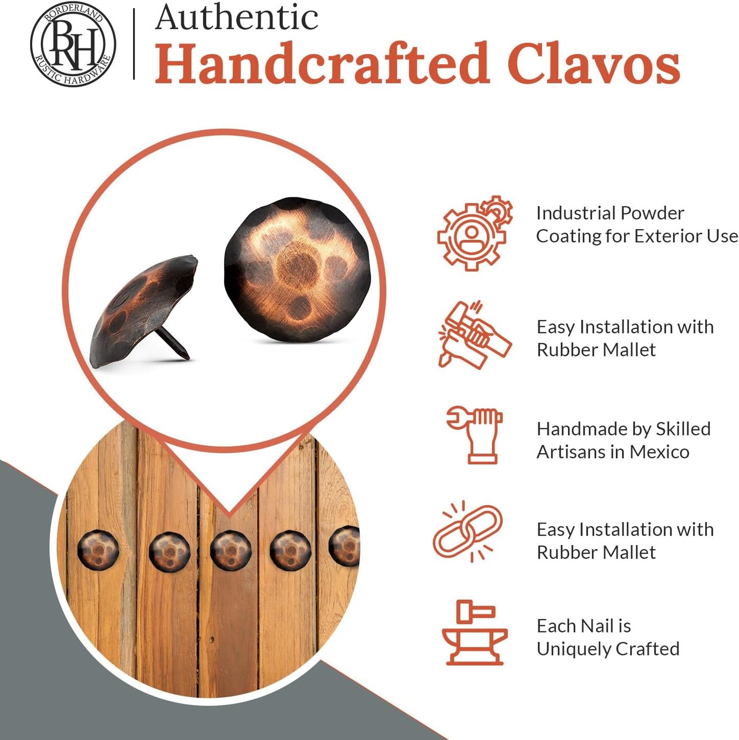 10 Pack 2" Round Head Iron Clavos Decorative Nails – Oil Rubbed Bronze – Handmade Rustic Round Fasteners for Farmhouse Shutters, Faux Wood, Barn Doors, Shutters, Gates – Ornamental Wood Accent