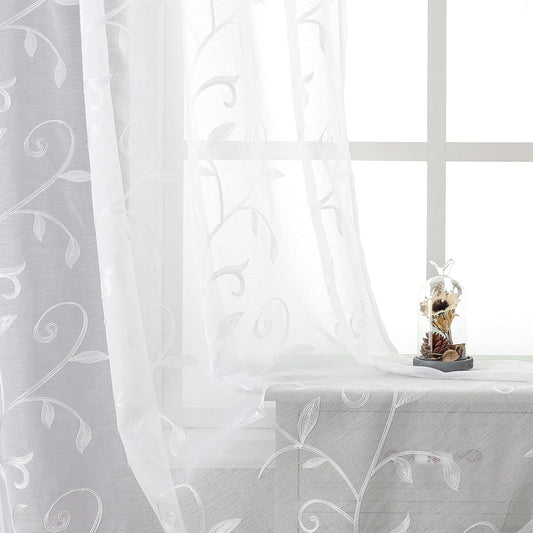 VISIONTEX White Leaves Sheer Voile Curtains, Decorative Embroidery Rod Pocket Window Drapes for Home Living Room and Bedroom 54 x 72 Inch, Set of 2 Curtain Panels