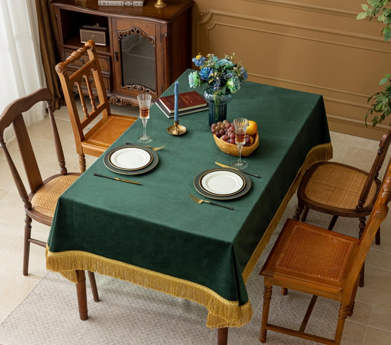F-CHU Luxury Green Tablecloth Thickset Velvet Tablecloth with Beautiful Gold Tassels Table Cloth for Home Decor Wedding, Party, Banquet and Events 60x70-Inch
