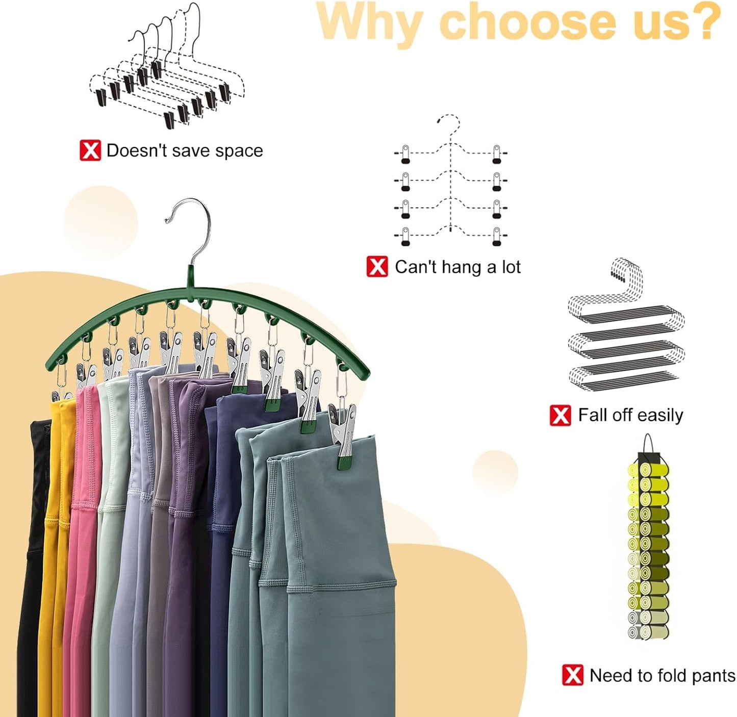 Legging Organizer for Closet, Metal Yoga Pants Hangers 4 Pack w/10 Clips Holds 40 Leggings, Space Saving Hanging Closet Organizer w/Rubber Coated Closet Organizers and Storage, Green