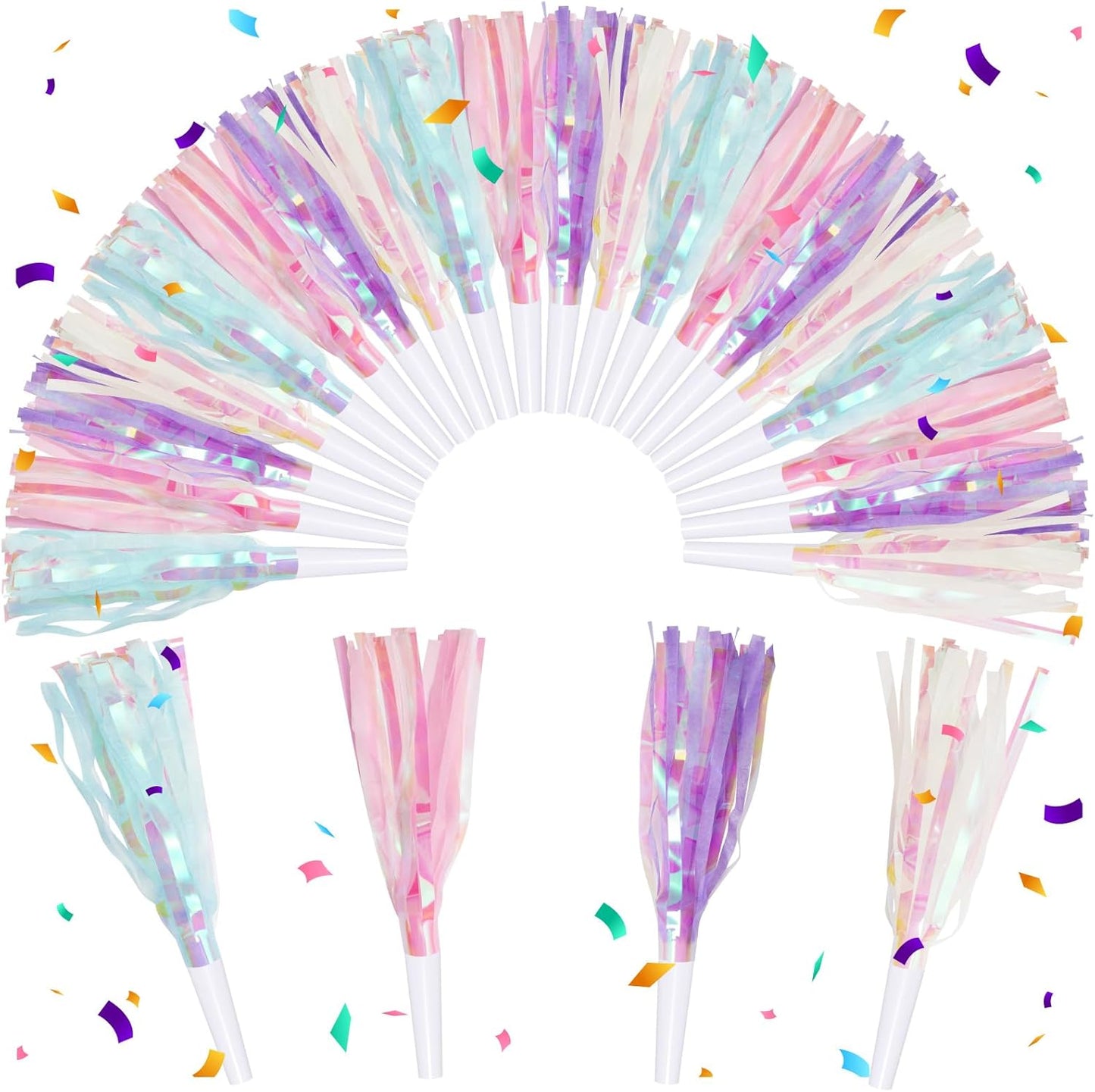 24 pcs Party Blowers, Noise Makers Glitter Metallic Fringed Party Horns for Birthday Blow Horns Graduation Sporting Party Favors Supplies