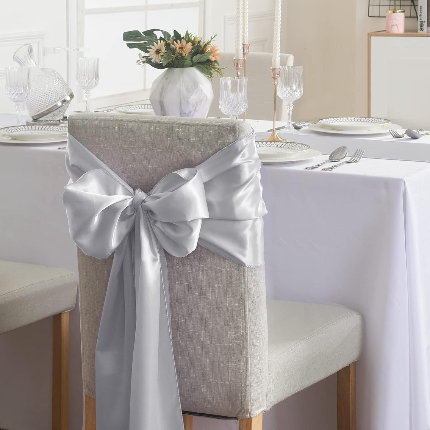 6Pack Table Runner 12 x 108 Inches Satin Silk Table Runner for Wedding, Birthday Party, Banquets, Graduations Decoration, fit Rectange and Round Table-Silver