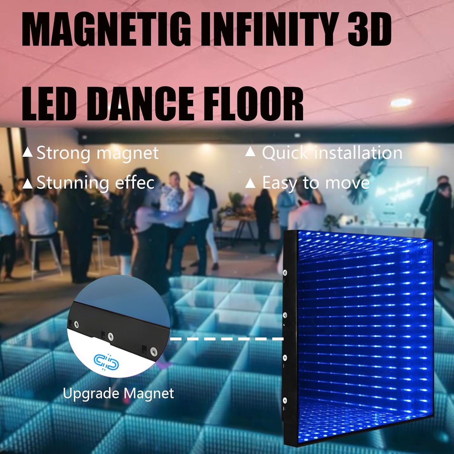 Dance Floor Stage Lights Tempered Glass Infinity Mirror Panel 3D Effect Led Dance Floor for Wedding Party Customizable (3D-Magnetic, 36PCS(9.8FTX9.8FT))