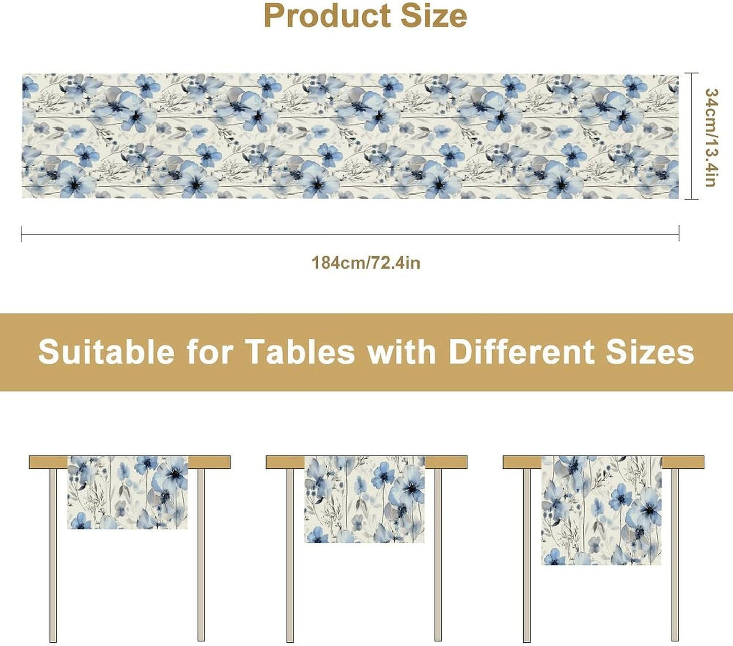 Watercolor Floral Table Runner, Blue Poppy Flower Seasonal Spring Summer Table Runner for Kitchen Dinning Table Runner Decor Home Wedding Party Holiday, 13x108 Inch