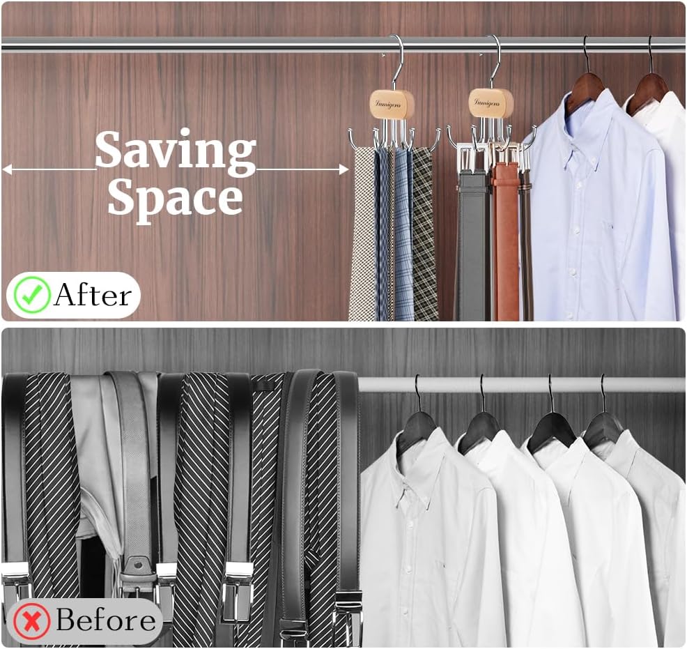 Belt Hanger, Belt Organizer for Closet,Rotatable Tie Rack,Belt Holder,Hanging Closet Organizer Hook for Belt, Bra, Tank Top, Tie, Scarf, Purse,3PCS,Natural - Image 2