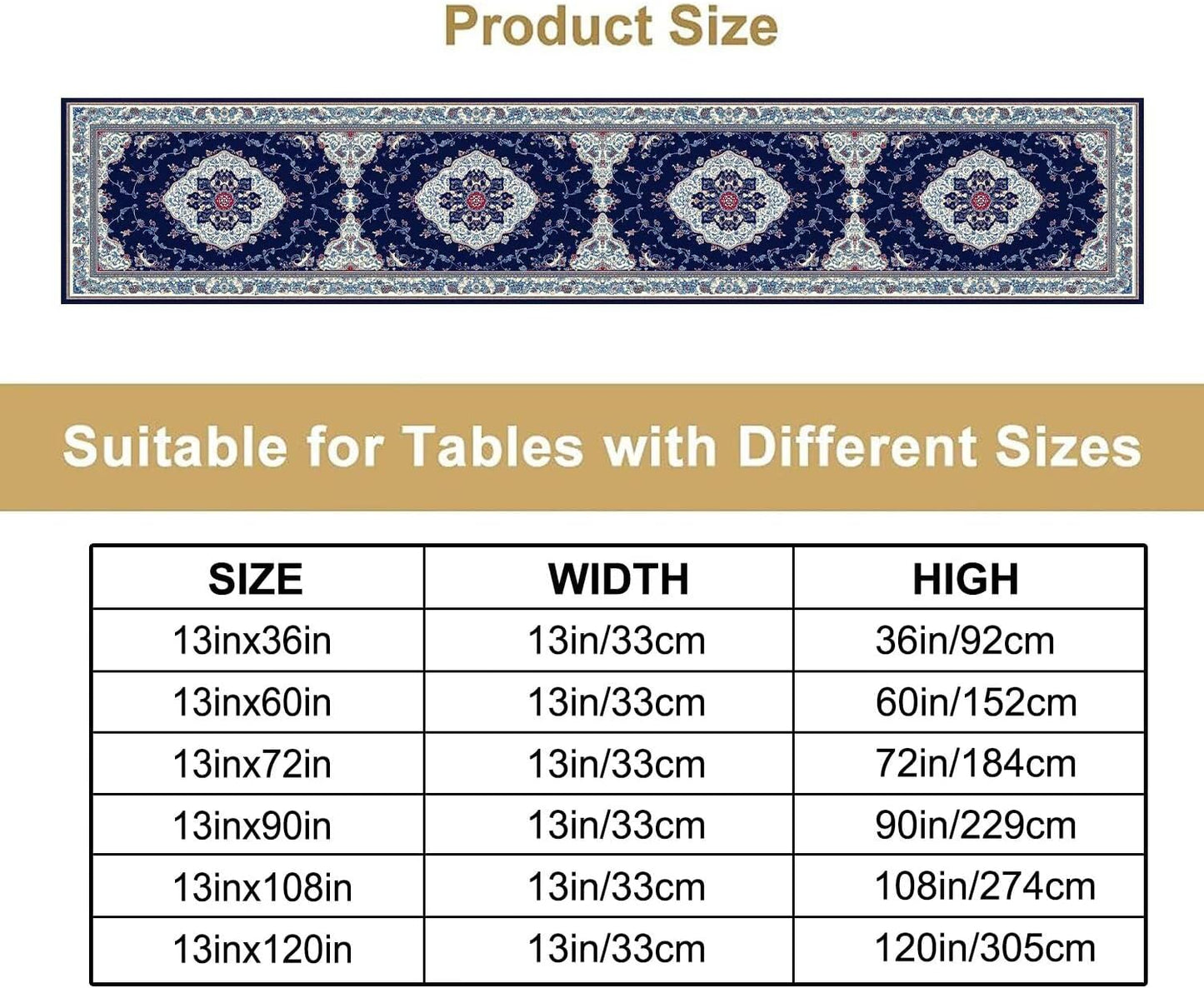 Elegant Palace Boho Blue Table Runner Vintage French Style Farmhouse Geometric Home Farmhouse Kitchen Table Dining Coffee Room Garden Party Wedding Decor 13x90in