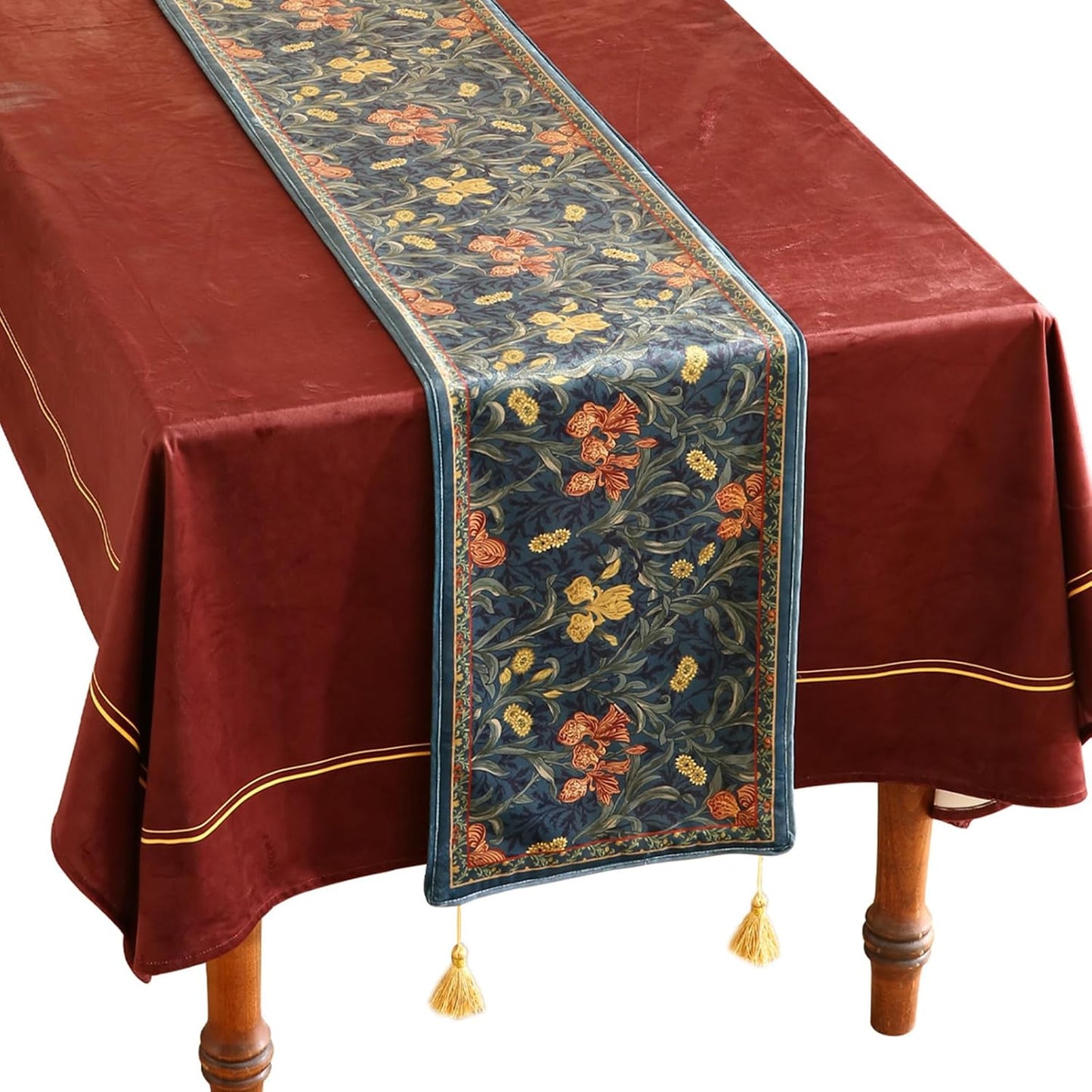 patdrea Designer Casual Wild Floral Velvet Table Runner 118 Inch Long, Dark Blue Occult Bouquets Pattern Table Mat, Decoration for Kitchen Dining Coffee Table Cabinet Banquet Thanksgiving,12"*118"