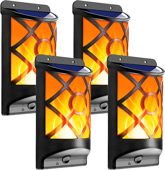 Solar Flame Lights Outdoor, Realistic 3D Flickering Flames with 66 Ultra-Bright LEDs - Waterproof Wall Mount Lanterns for Deck, Fence, Patio, Garden, Auto On/Off (4-Pack Value Set)