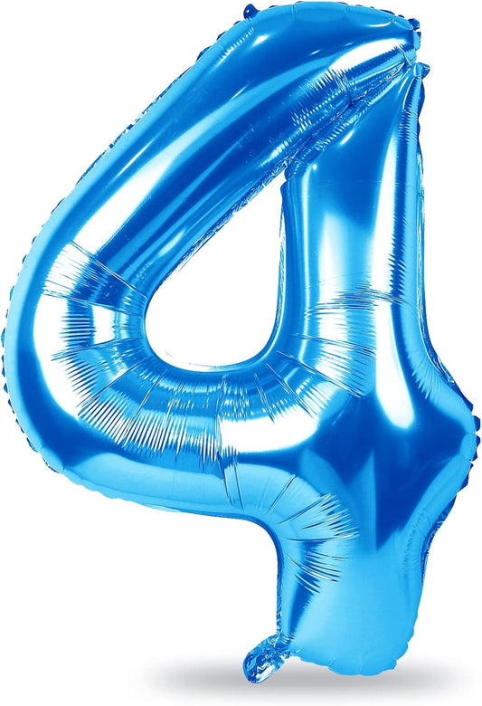 Blue 4 Balloons, 40 Inch Large Foil Number Balloons Set 0-9, Self Inflating Digital 4 Helium Balloon for Boys Men 4th 40th Age Birthday Anniversary Graduation Party Decorations Photo Shoot Supplies