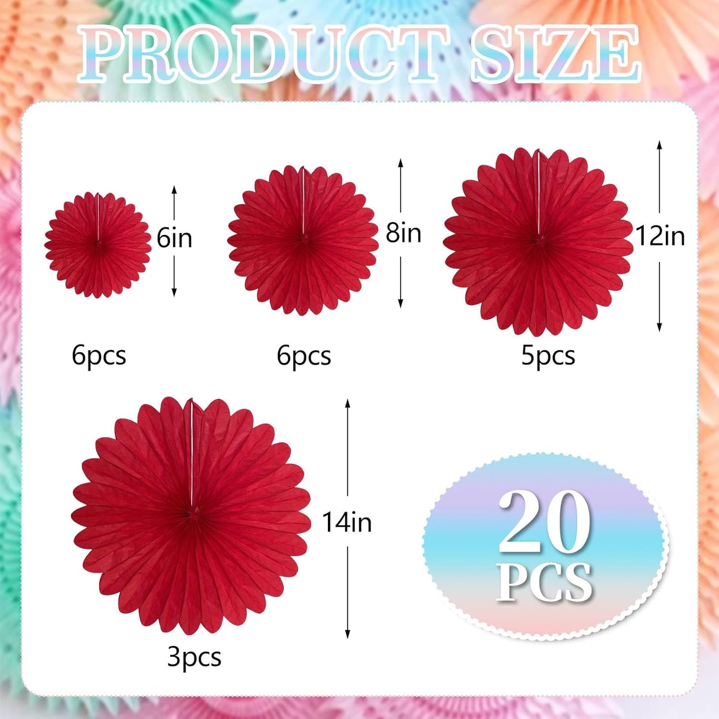 20 Pcs Red Hanging Paper Fan, Round Paper Fans Decorations Set for Weddings, Birthdays, Engagement, Bridal Shower, Baby Shower Event, Graduation, Party Supplies Decor