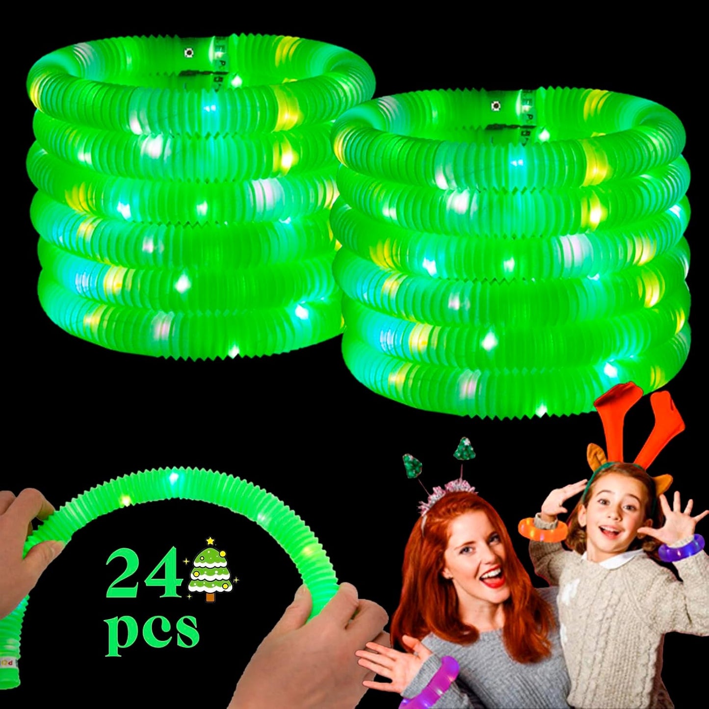 Green 24 Pack Light Up Party Favors Supplies,Bulk Glow Sticks Bracelet,Necklace Accessories for Kids,Birthday Return Gifts Treats,Easter Basket Goodie Bag Stuffer Fillers for Boys Girls