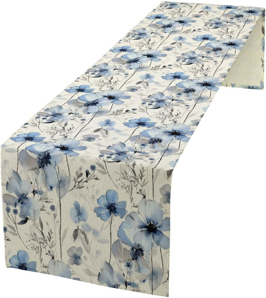 Watercolor Floral Table Runner, Blue Poppy Flower Seasonal Spring Summer Table Runner for Kitchen Dinning Table Runner Decor Home Wedding Party Holiday, 13x120 Inch