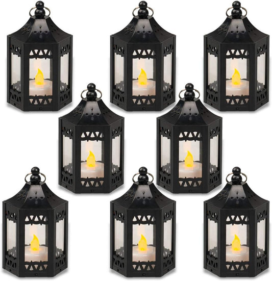zkee Mini Star Lantern with Flickering LED,Battery Included,Christmas Decorative Indoor Candle Lantern（Set of 8,Black）