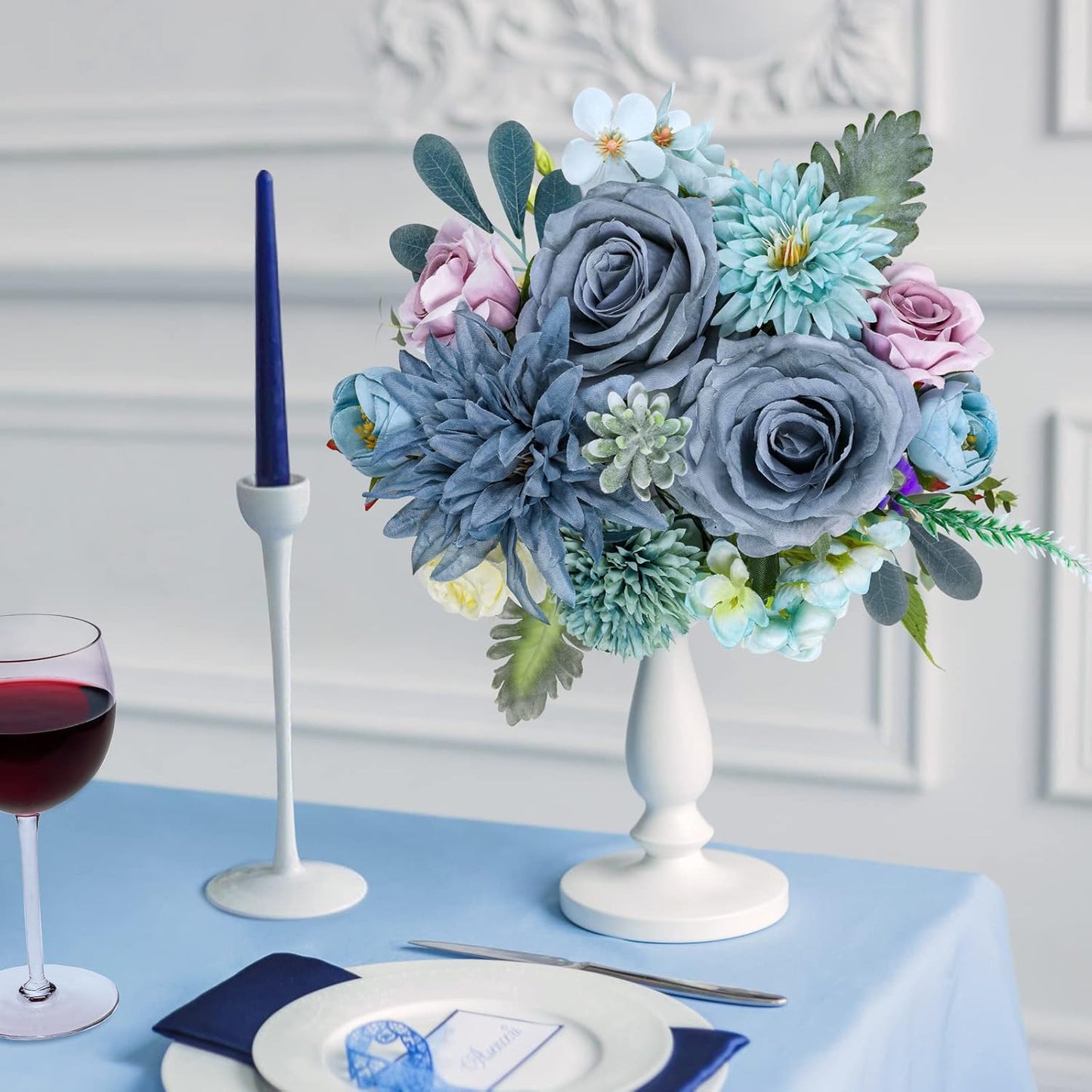 AmyHomie Blue Artificial Flowers Combo Silk Mix Peony Rose Hydrangea Fake Flowers w/Stem for DIY Wedding Bouquets Centerpieces Arrangements Table Decor Party Bridal Baby Shower Home Decorations