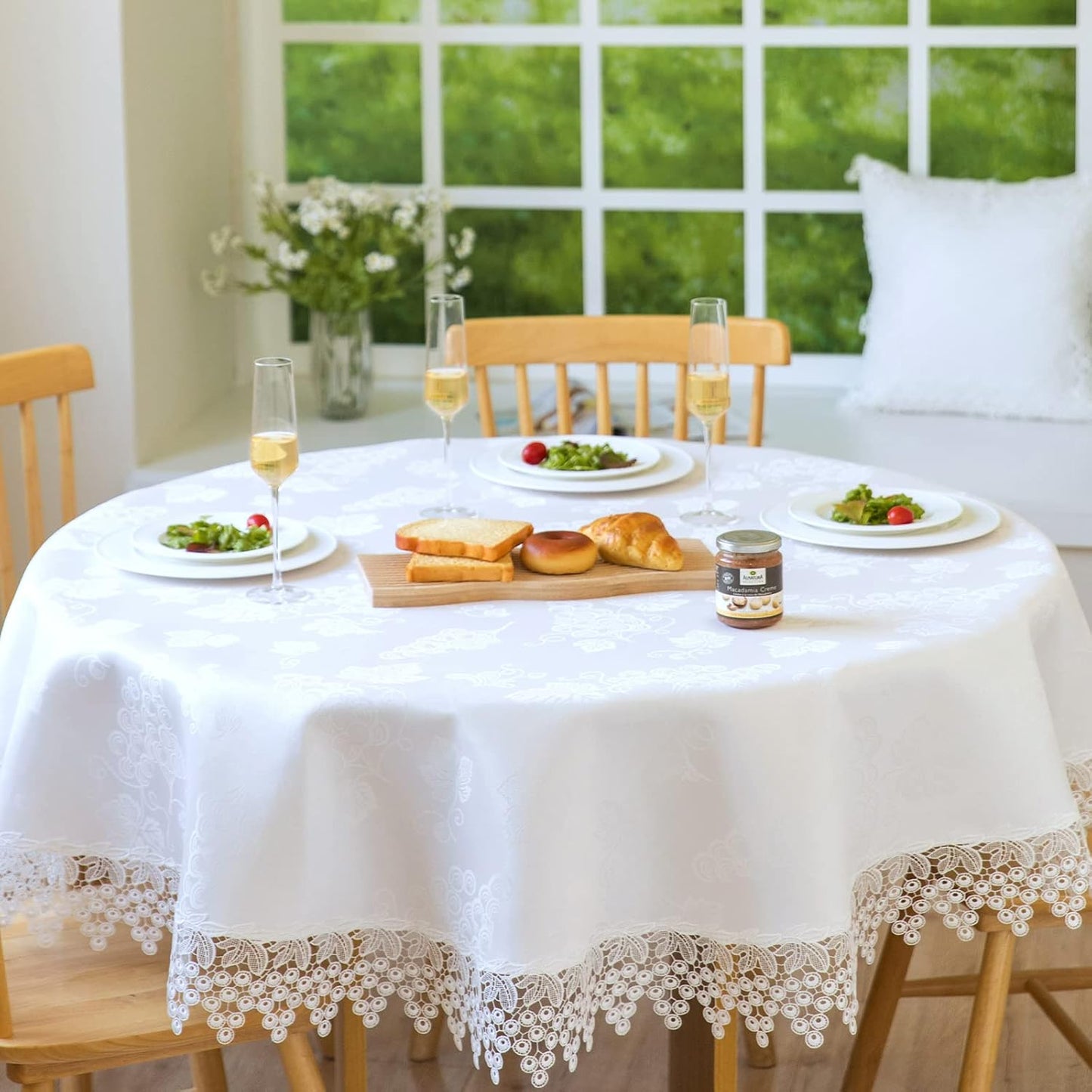 White lace Premium Round Farmhouse Table Runner Waterproof OilProof SpillProof AntiShrink Soft Wrinkle Resistant Decorative Fabric Table Cover Kitchen Dinning Party Wedding Banquet
