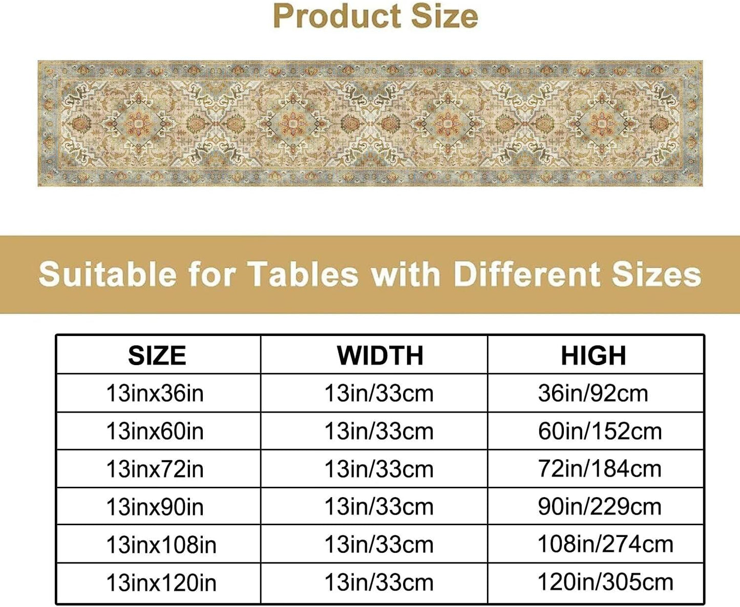 Vintage Boho Floral Table Runner, Rustic Old Farmhouse Yellow Retro Flower Pattern for Home Kitchen Table Decor Dining Coffee Room Party Decor 13x72in