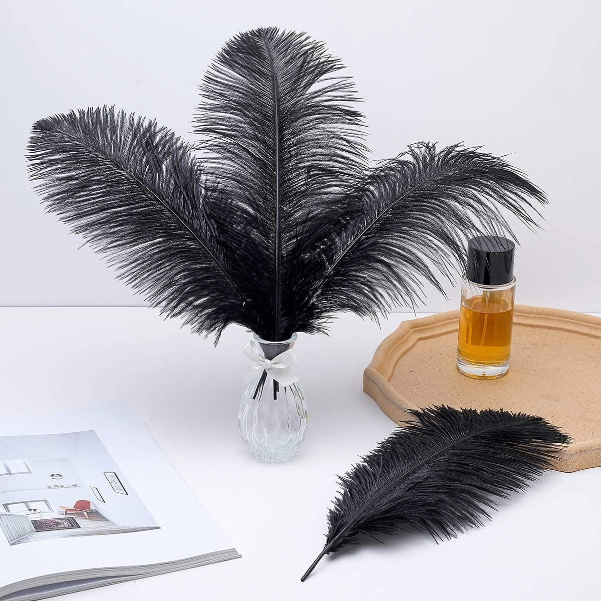24pcs Natural Black Ostrich Feathers 10-12inch (25-30cm) for Wedding Party Centerpieces，Flower Arrangement and Home Decoration.