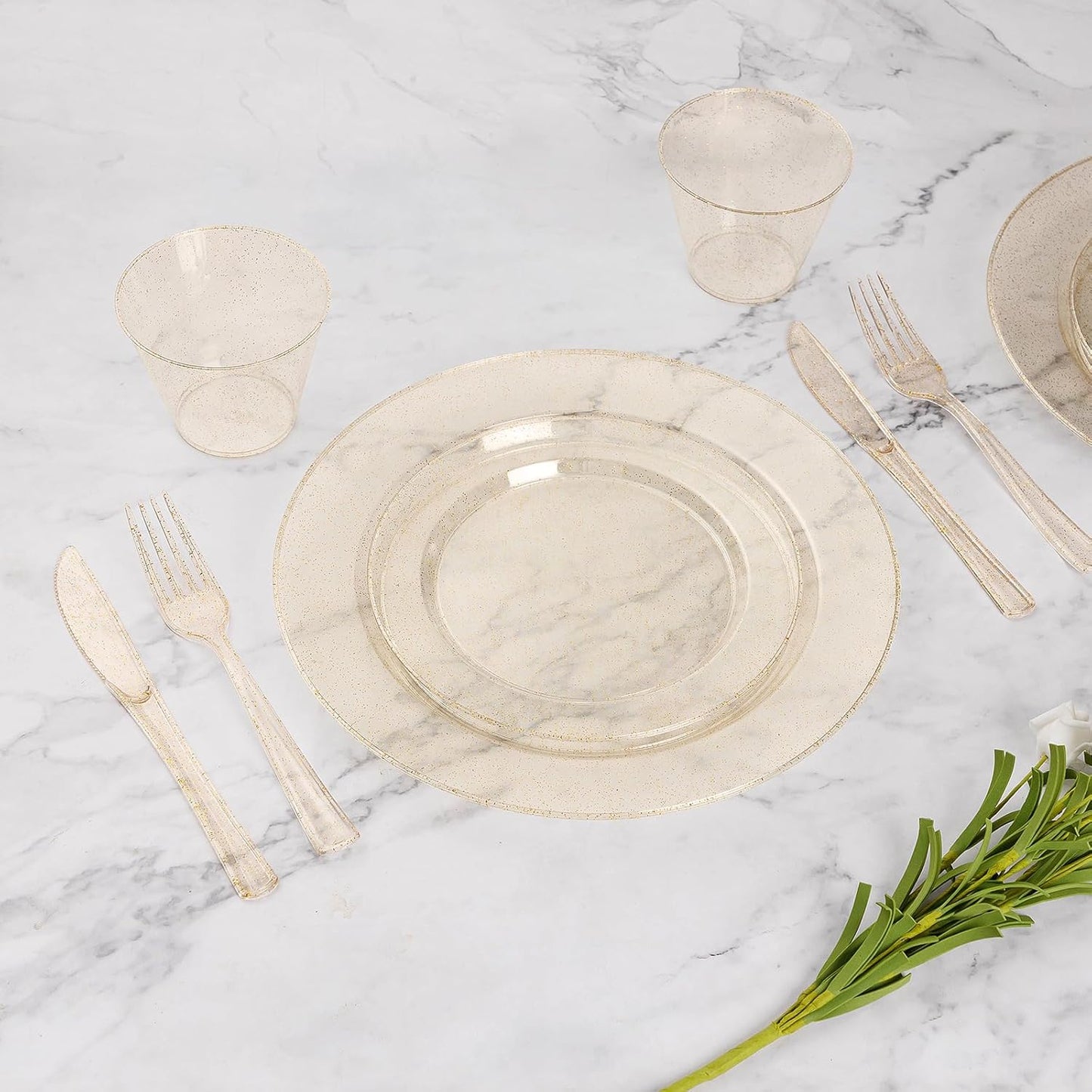 Goodluck 175 Piece Gold Glitter Plastic Dinnerware Set for 25 Guests, Fancy Disposable Plates for Party, Include: 25 Dinner Plates, 25 Dessert Plates, 25 Pre Rolled Napkins with Silverware, 25 Cups