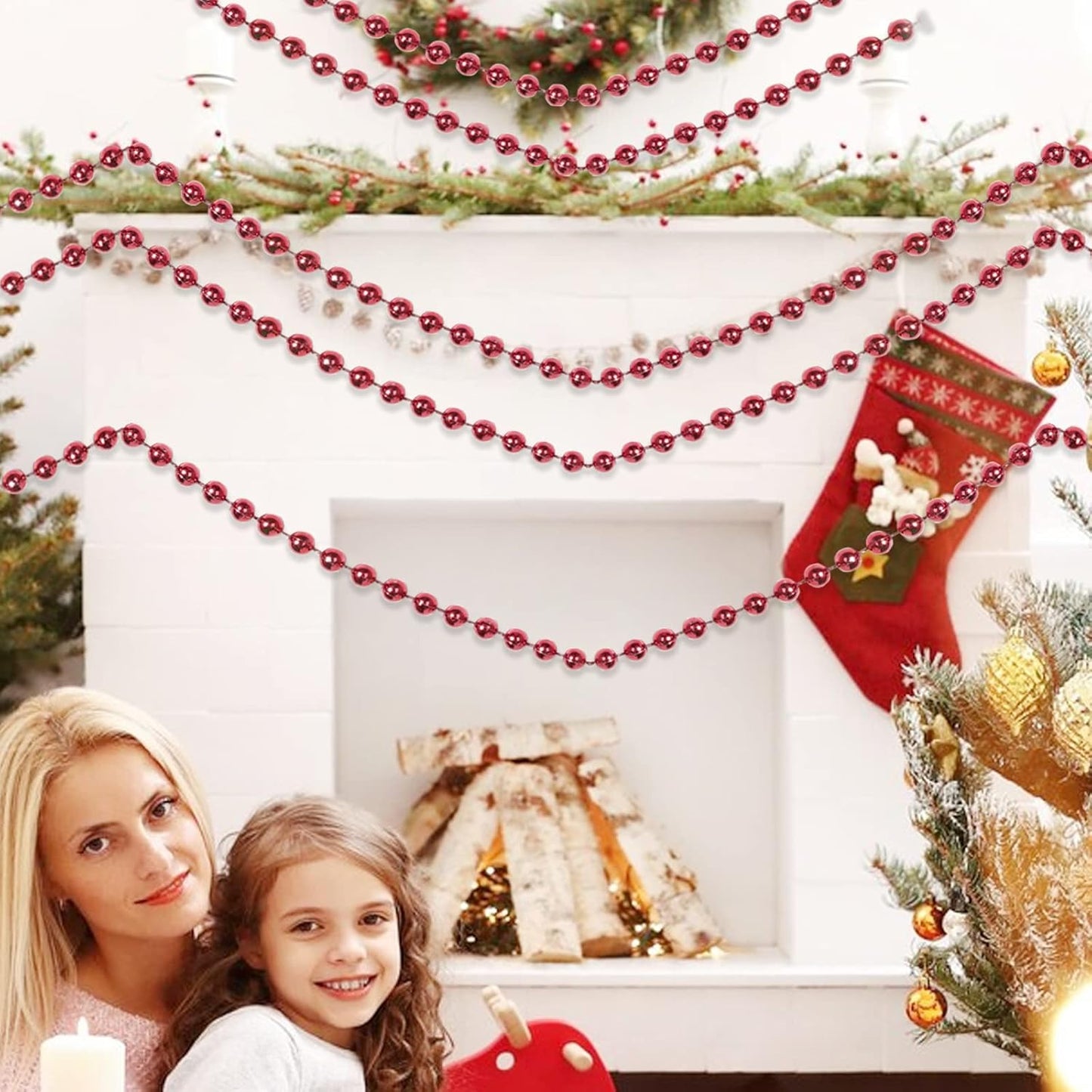 Faux Red Pearl Beads Garland - 10mm Christmas Tree Beads, 11 Yards Red Pearl Strands Spool for Wedding Party & Christmas Tree Decoration