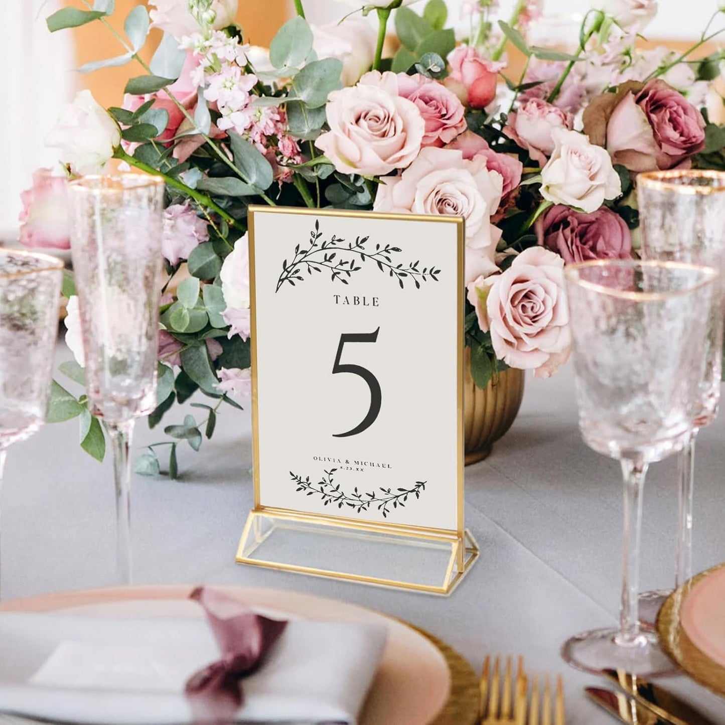HOODO 8 Pack 4x6 Acrylic Table Number Holders with Golden Border, Double-Sided Clear Acrylic Sign Holder Gold Picture Frames Sign Holder, Vertical Stand (4"x6"-8 Pack)