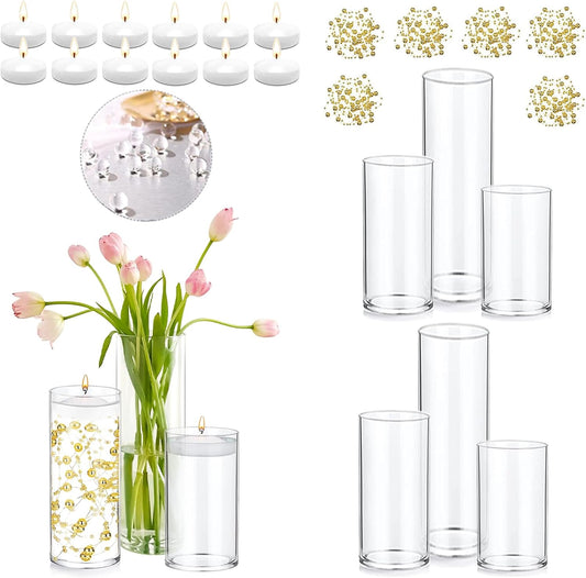 Set of 6 Glass Cylinder Vases for Centerpieces with 4 Pack Vase Filler 6 Pearl String 12 White Floating Candles for Centerpieces, Center Pieces for Table Wedding Party Home Decor 5, 6, 8 Inch