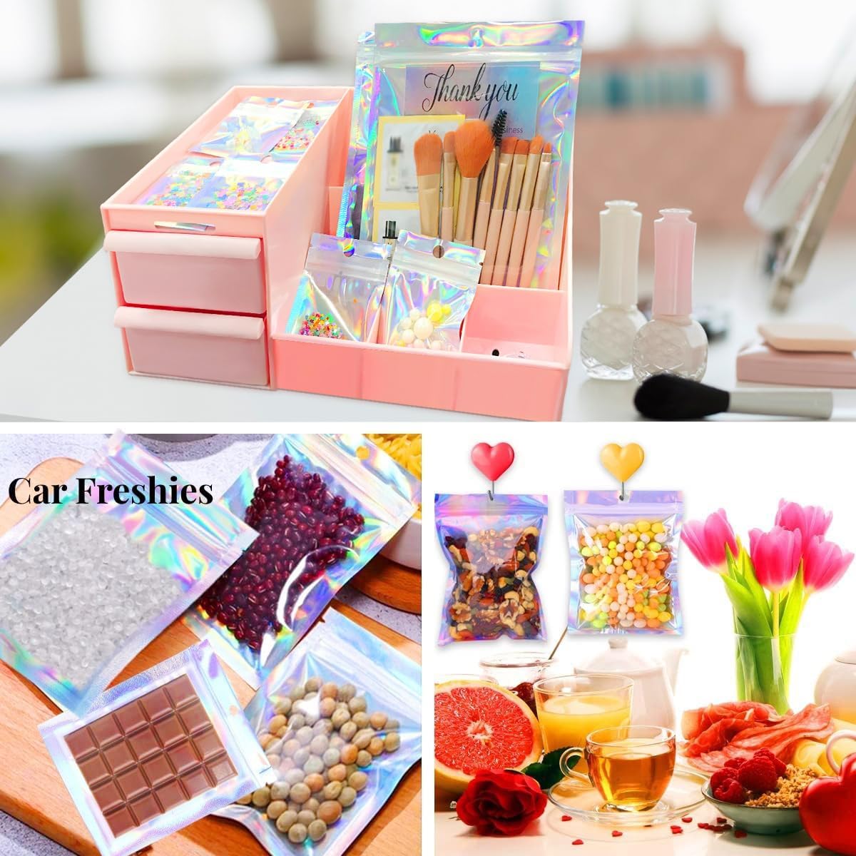 Smell Proof Bags & Resealable Foil Pouch Mylar Sample Bag Great for Party Favor Food Storage (Holographic Color) (50Pcs-5.5x8 Inch)